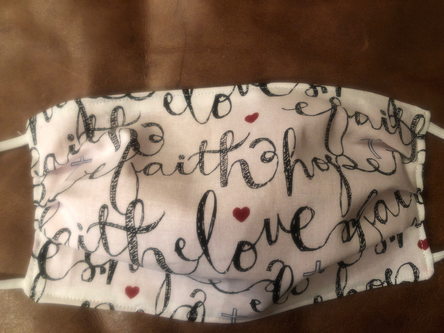 Handmade reversible face mask with sayings faith, hope, love and small cross and hearts