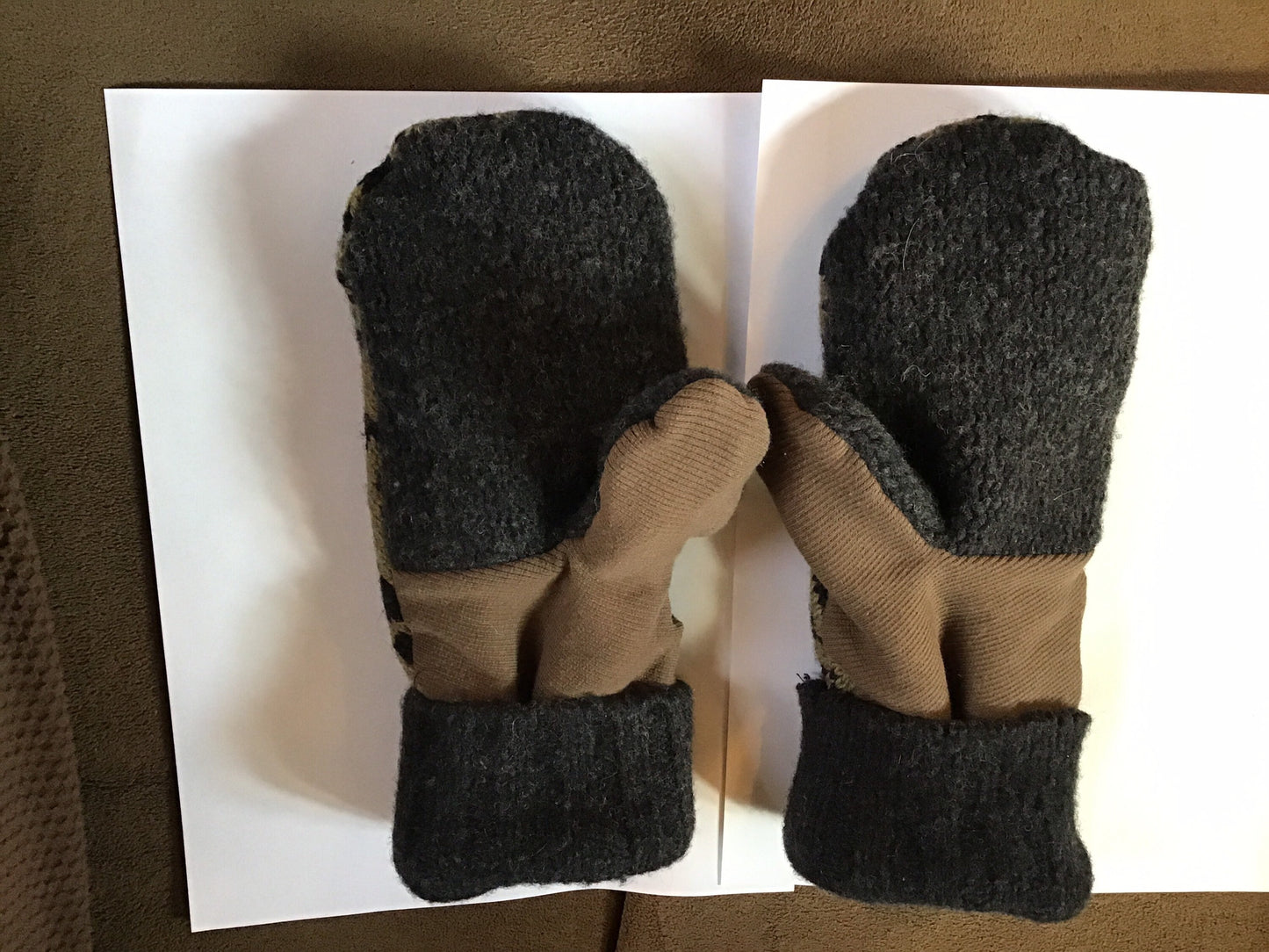 Handmade sweater mittens complimentary colors of browns, blacks, gray and olive