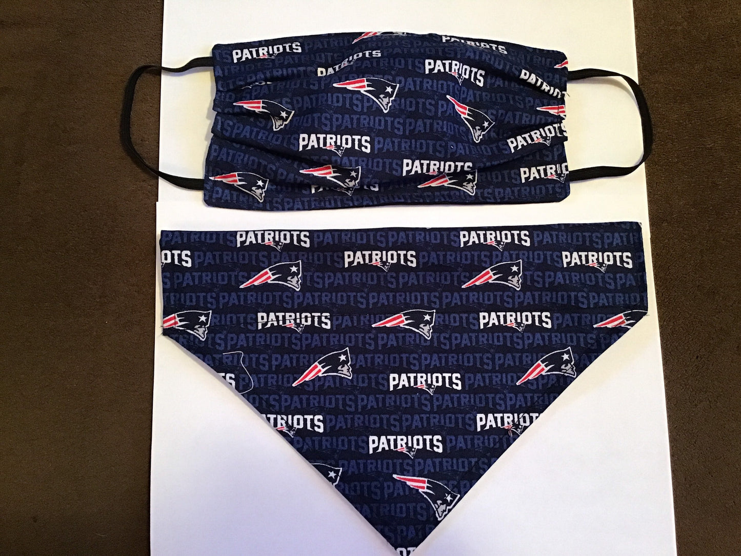 Patriots face mask with matching dog bandanna