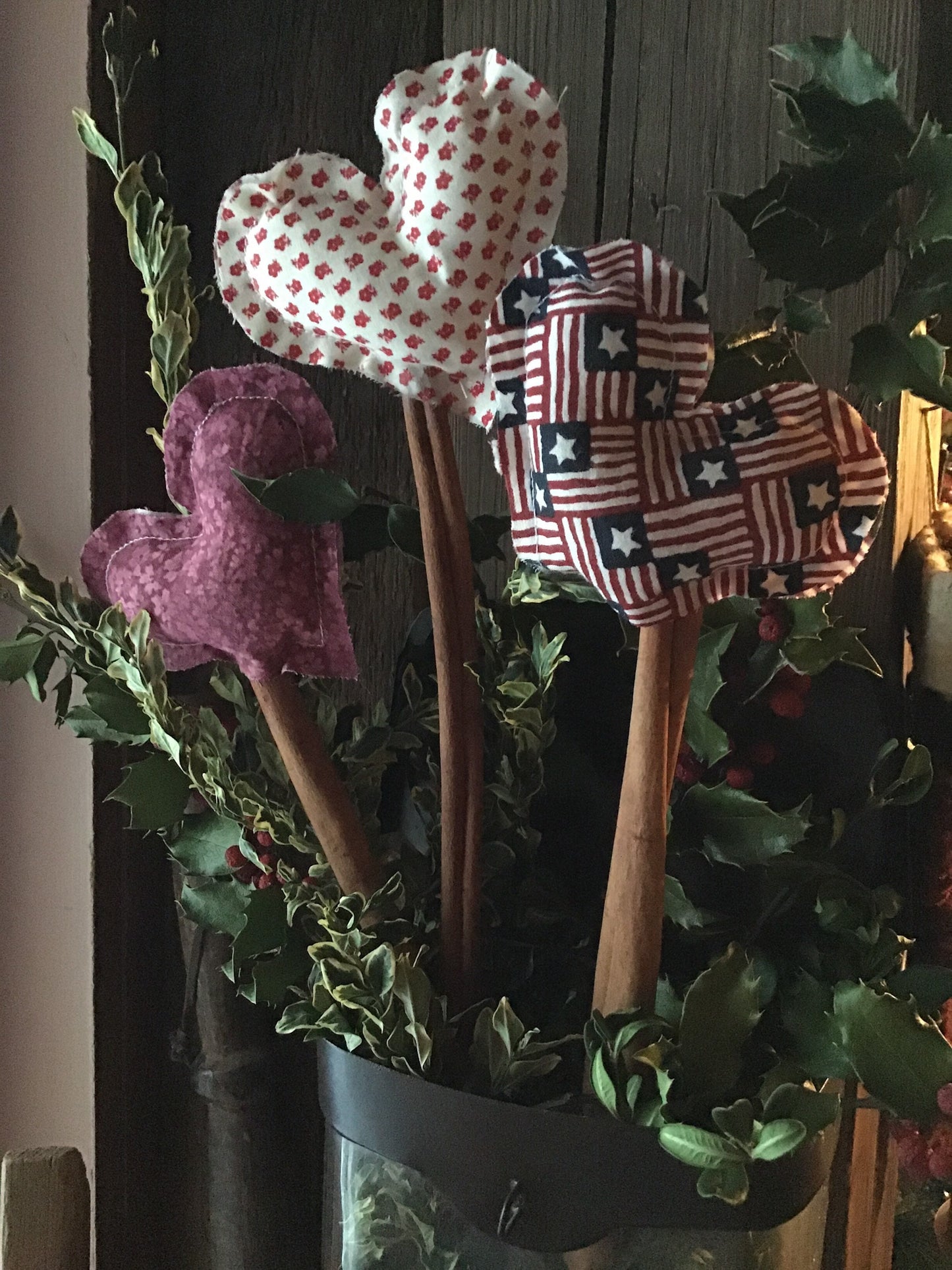 Valentine stuffed hearts on cinnamon sticks