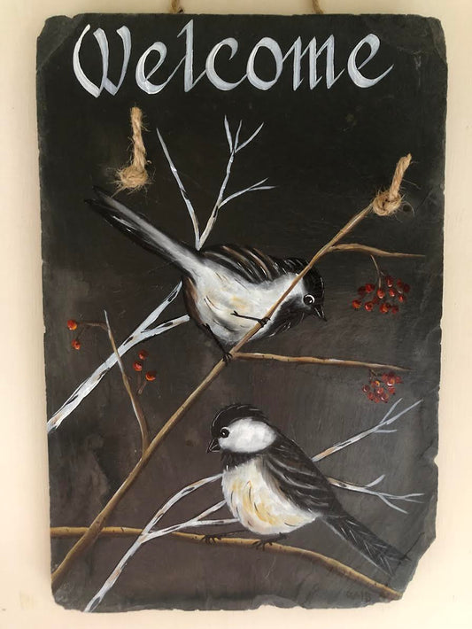 Welcome Chickadees in birch tree oil painted slate