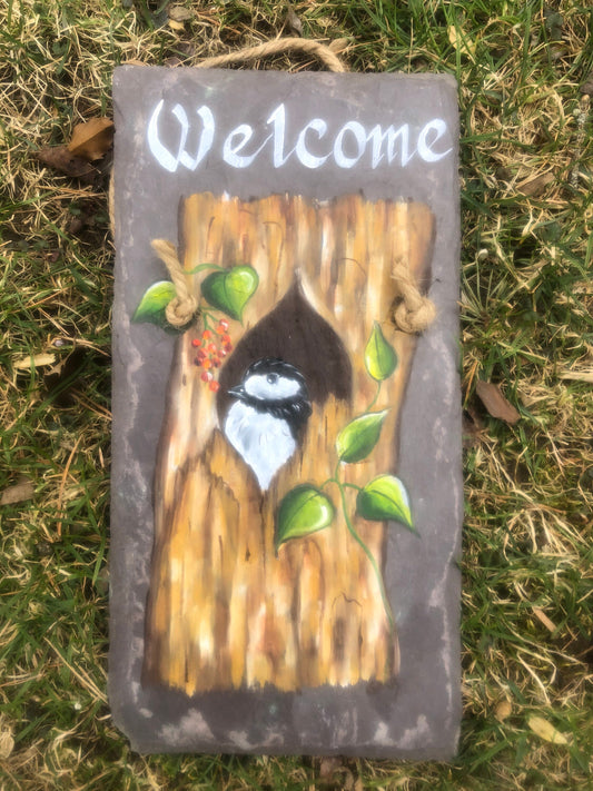 Chickadee in tree oil painted slate