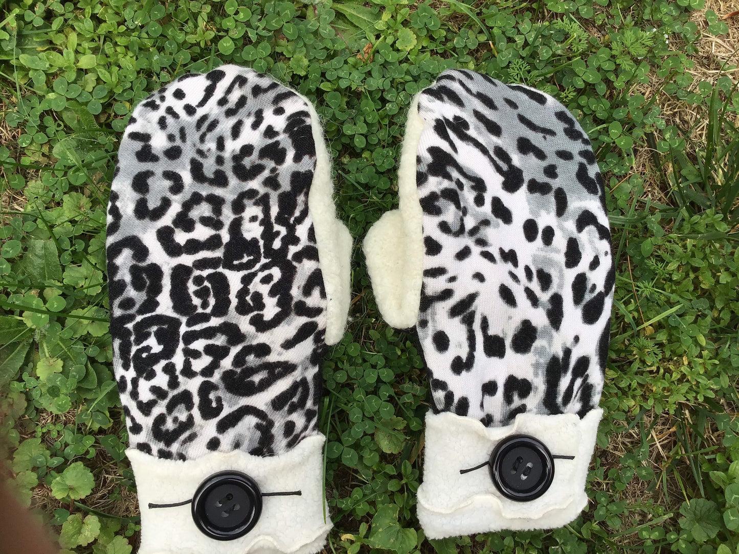 Handmade mittens from recycled sweaters snow leopard print