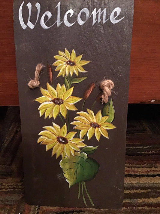 Hand painted welcome sunflower slate