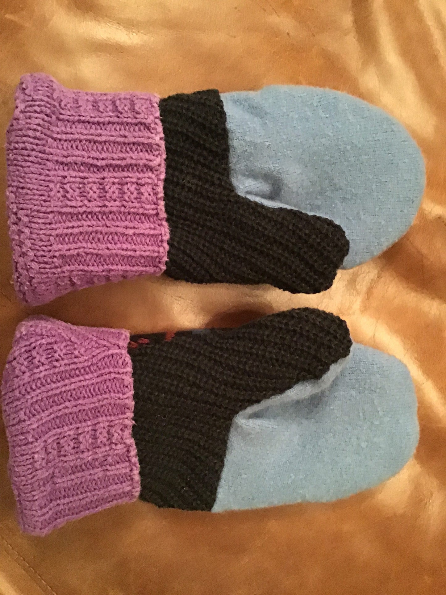 Handmade sweater mittens multicolor with purple, blue and black