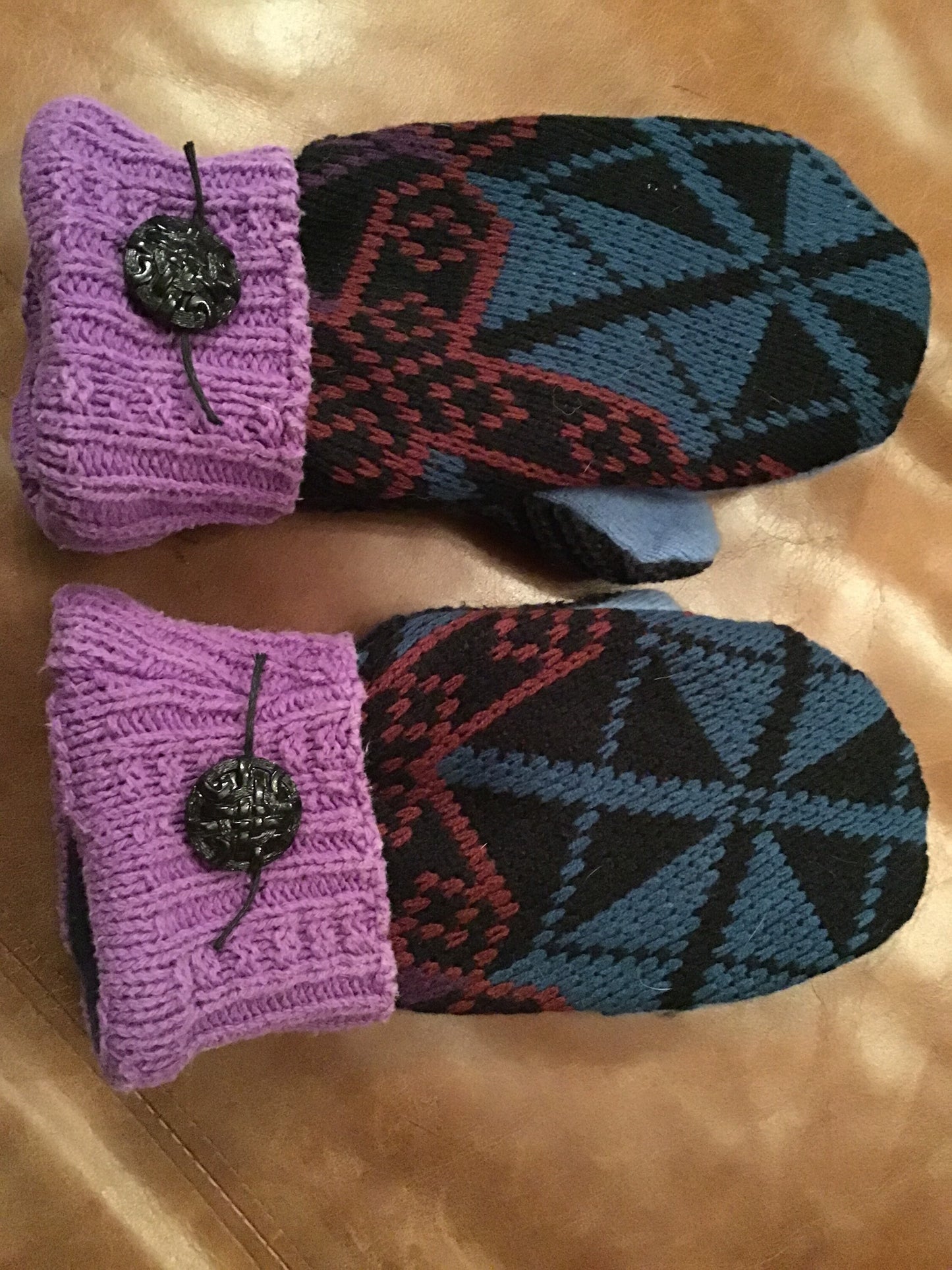 Handmade sweater mittens multicolor with purple, blue and black