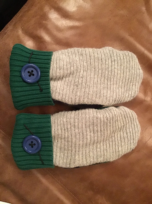 Handmade mittens from sweaters gray, green and blue