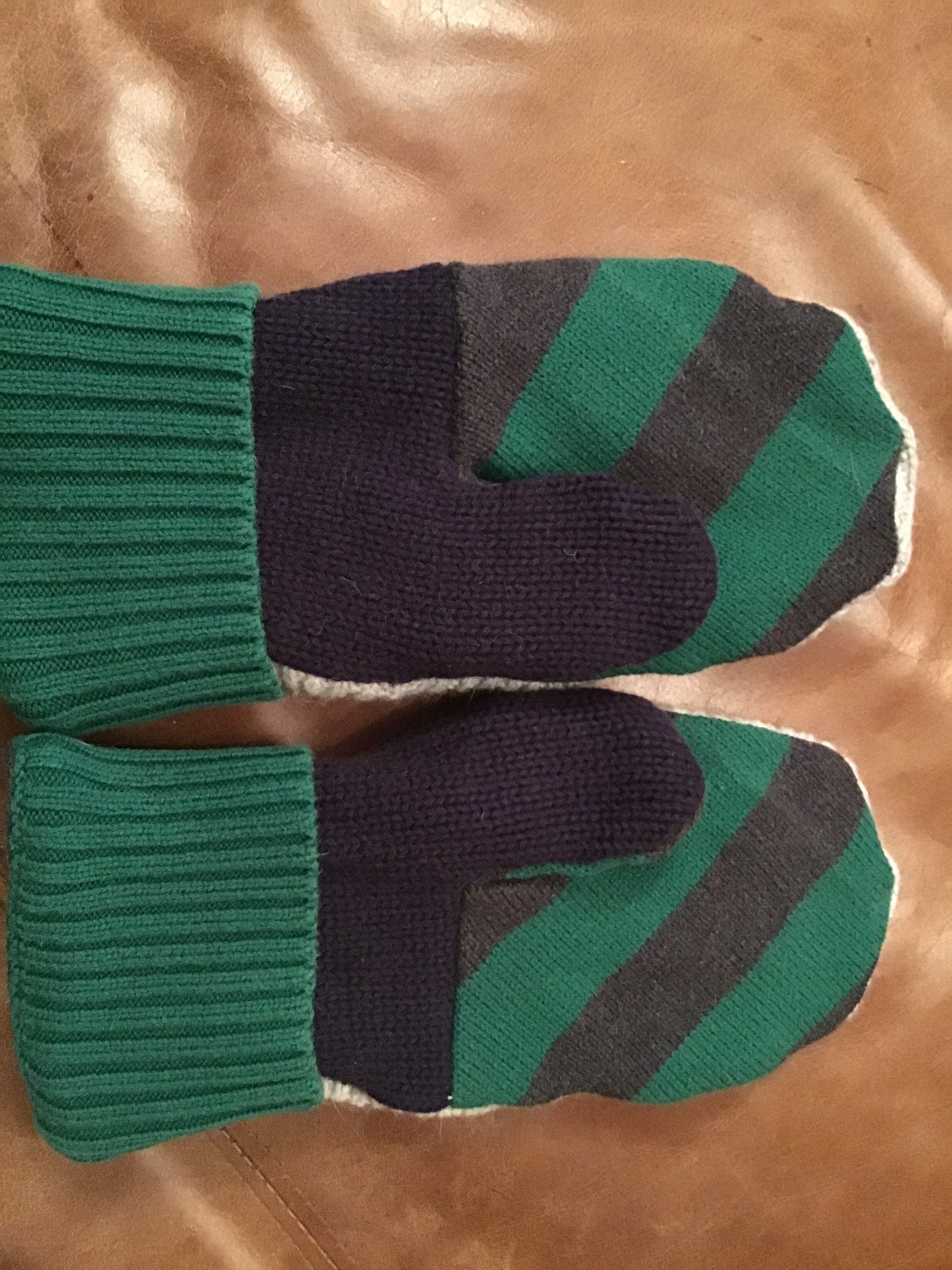 Handmade mittens from sweaters gray, green and blue