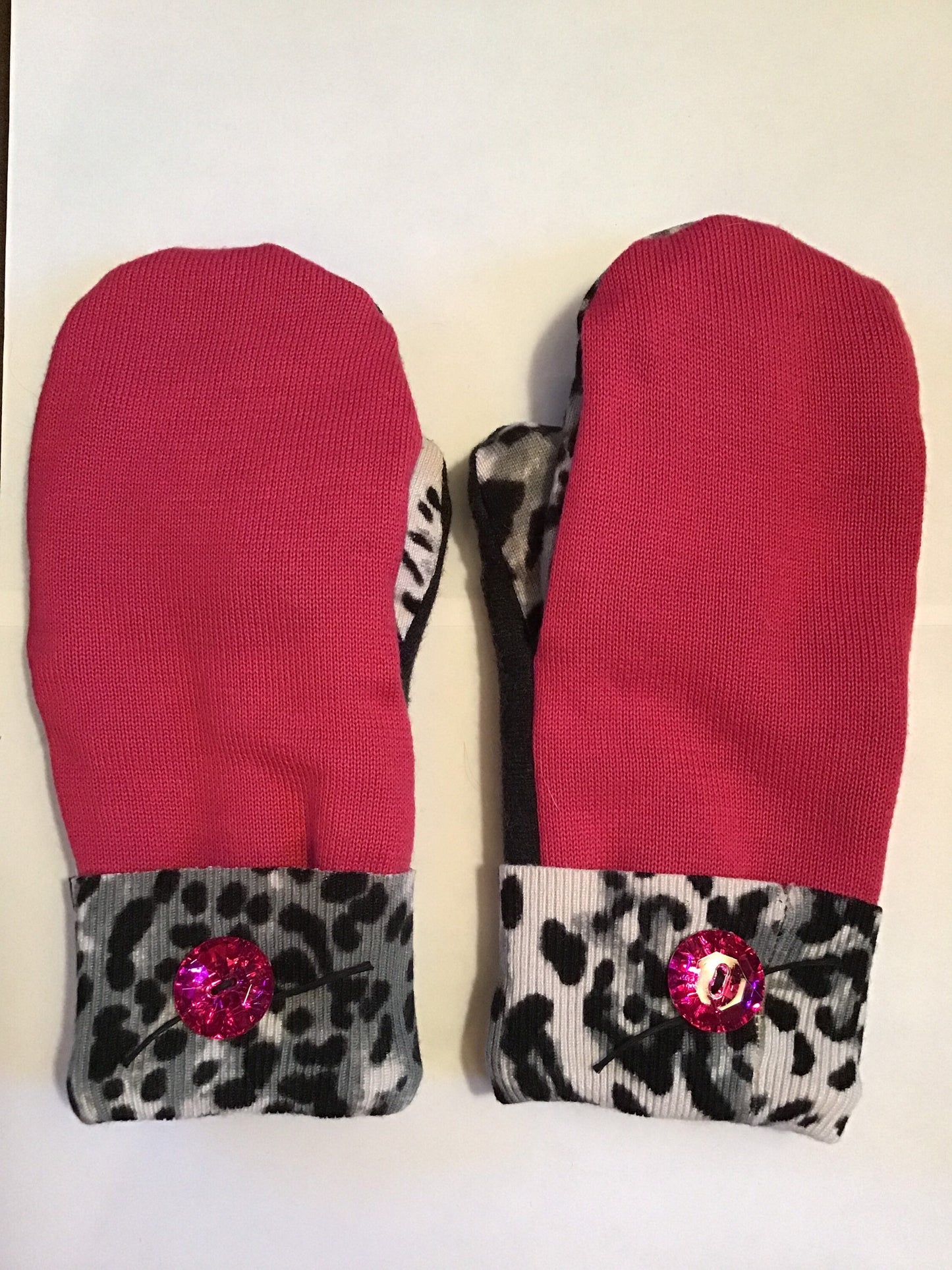 Handmade mittens from sweaters. Hot pink and black and white leopard print